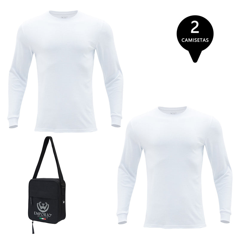 Pack 2 Camisetas Manga Larga Algodón Premium Hombre + Bolso de Regalo