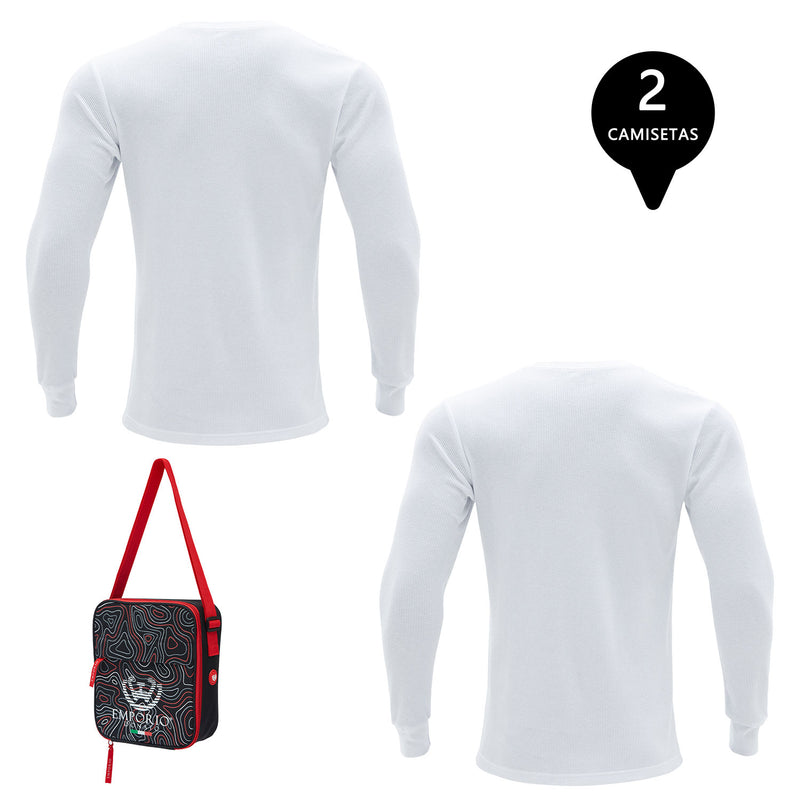 Pack 2 Camisetas Manga Larga Algodón Panal Hombre Con Bolso de Regalo