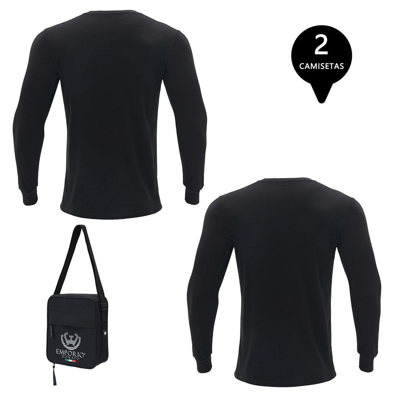 Pack 2 Camisetas Manga Larga Algodón Premium Hombre + Bolso de Regalo